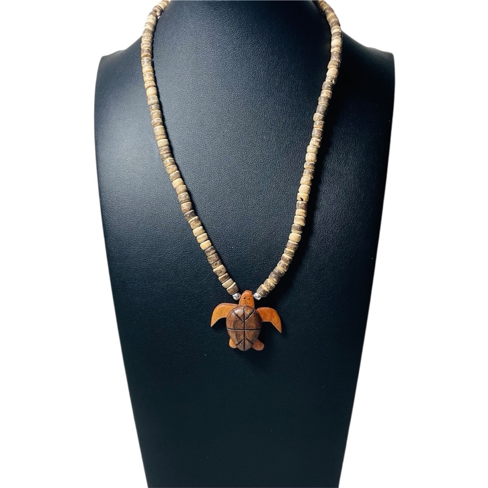Carved Wood Brown Turtle Pendant & Bead Necklace